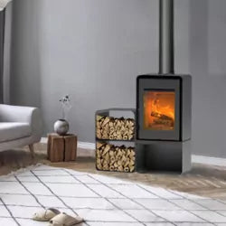 Holzofen Domino mit 2-stöckigem Holzregal-Modul – 8,5 kW