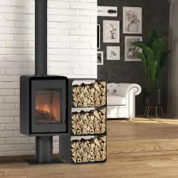 Holzofen Domino auf Standfüßen mit 3-stöckigem Holzregal – 8,5 kW